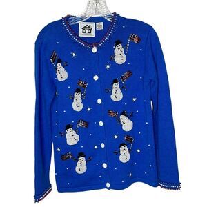 Storybook Knits American Flag Snowman Holiday Ugly Cardigan Sweater. Size XS.